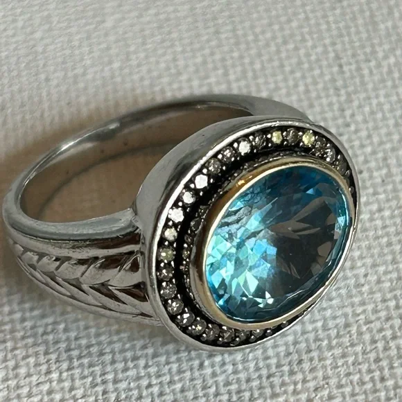 Stunning 925 Silver and 14k Gold Blue Topaz with Diamonds Ring - Picture 5 of 9